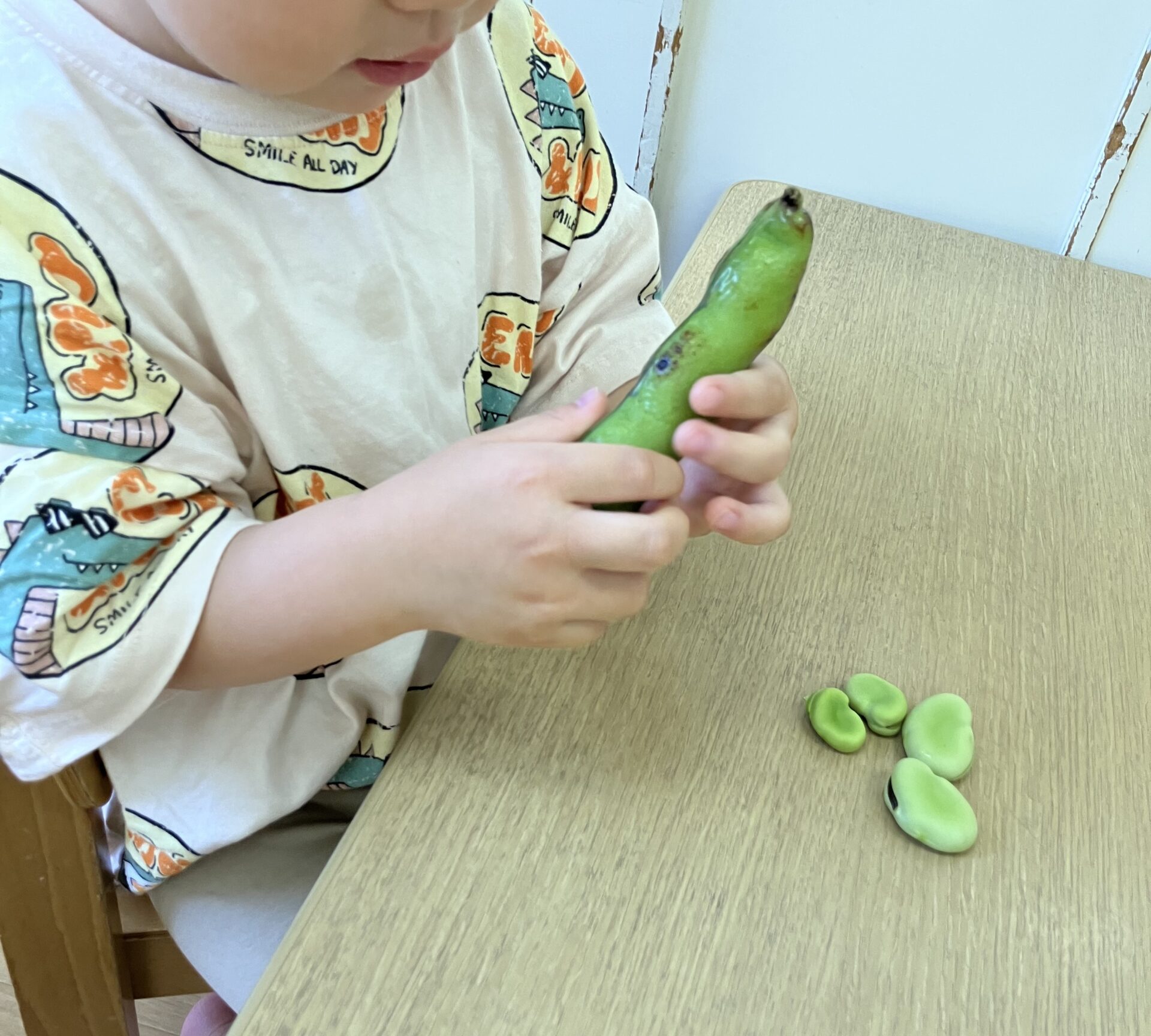 ⁂２歳児食育　そらまめのかわをむいてみよう！