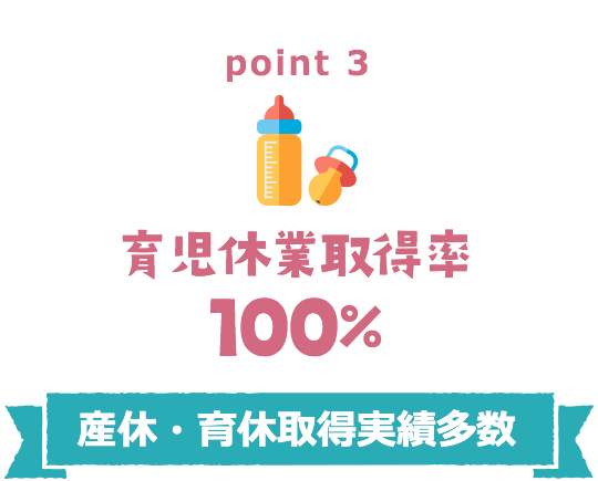 point3 育児休業取得率100％ 産休・育休取得実績多数